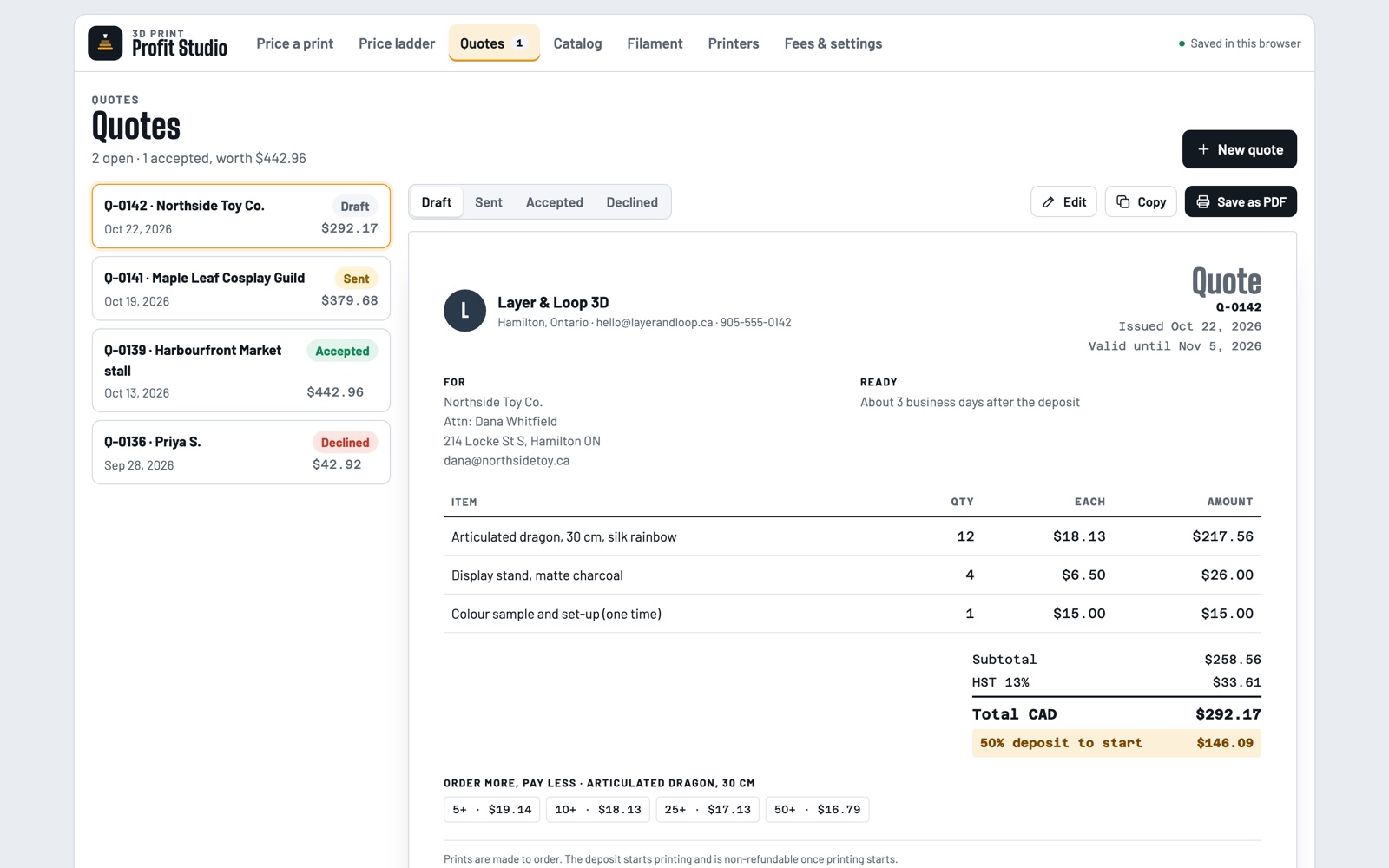 A quote for 12 dragons with HST, a 50% deposit and quantity breaks